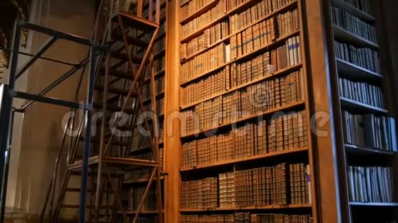 在一个古代图书馆的书架上有非常古老的古书一大批旧书视频的预览图