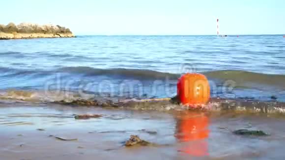 女孩的双腿跨上浮标进入海洋特写镜头视频的预览图