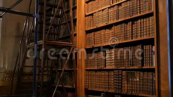 在一个古代图书馆的书架上有非常古老的古书一大批旧书视频的预览图