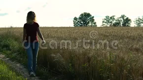 一个苗条的女人沿着一条小径走在森林里沿着一片麦田走着在夏日里微笑着视频的预览图