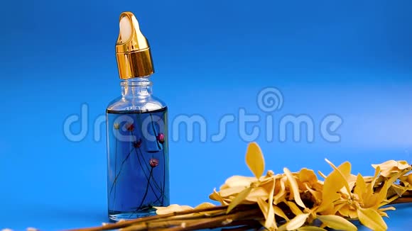 滴头玻璃瓶在蓝色背景上用干花在女性手中视频的预览图