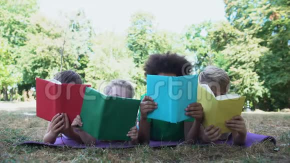 儿童阅读书籍公园里的卧垫读书爱好者俱乐部教育理念视频的预览图