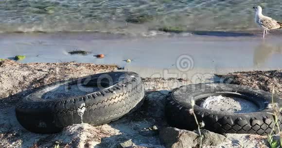 海滩上废弃的汽车轮胎视频的预览图