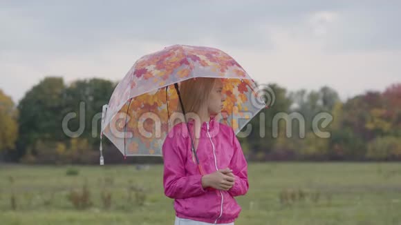 悲伤的白种人金发女孩穿着粉红色的夹克拿着一把带着黄色叶子的彩色雨伞漂亮姑娘视频的预览图