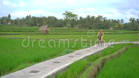 一个年轻的女人和她的小儿子骑着自行车穿过美丽的稻田前往东南亚构想视频的预览图