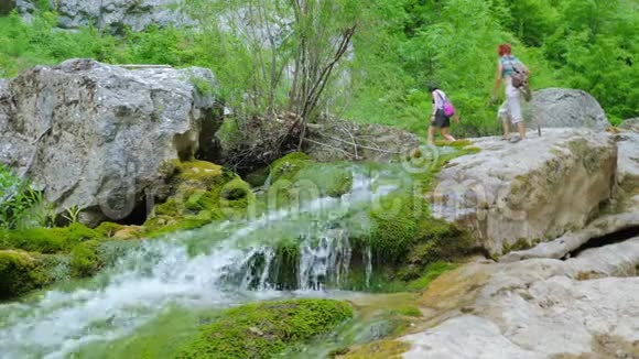 年轻的女性旅行者沿着峡谷底部沿着绿色森林和清澈的山河行走视频的预览图