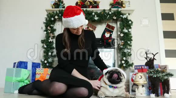 穿圣诞服装的女人抚摸着滑稽的小狗戴着圣诞老人的帽子背景中的礼物视频的预览图