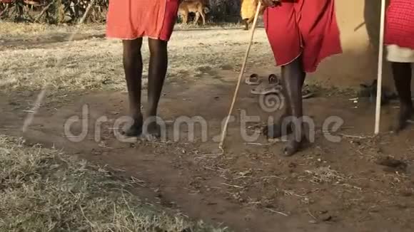 在肯尼亚马赛马拉附近的一个村庄里60英尺高的近距离射击马赛勇士的脚和腿跳跃和跳舞视频的预览图