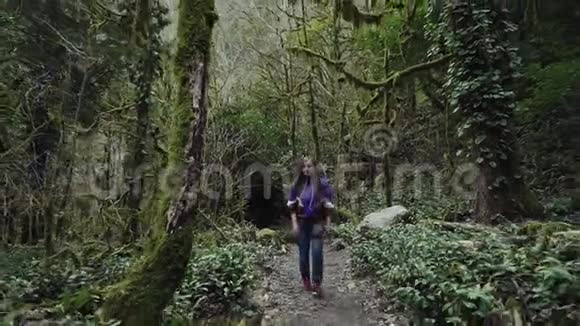 一个快乐的女孩走进茂密的森林从小路拐进一棵长满青苔的大树视频的预览图