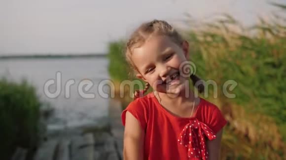 可爱的小女孩在户外看镜头和微笑的肖像视频的预览图
