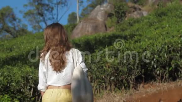 女士带着现代手袋走在美丽的公园慢动作视频的预览图