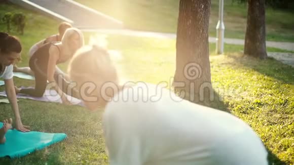 一群年轻女性在公园的瑜伽垫上伸展腿部锻炼视频的预览图