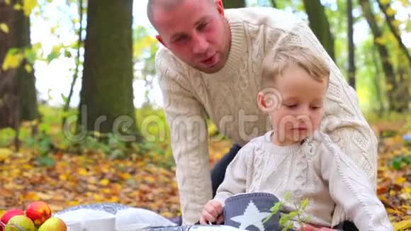 父亲和儿子在秋天野餐视频的预览图