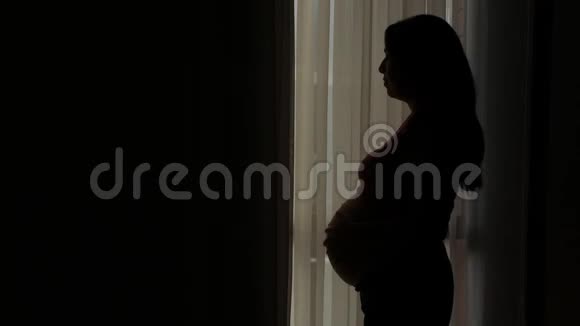 怀孕的美丽的拉丁美洲女人站在窗外抚摸她的胃轮廓视频的预览图