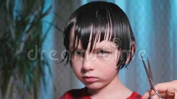 理发师把一个男孩的头发剪在他的头上视频的预览图