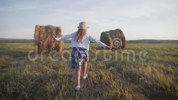 干草堆上的女孩在阳光下享受大自然视频的预览图