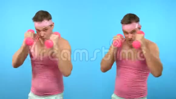 循环视频吉夫艺术设计穿着粉红色眼镜和粉红色哑铃的时髦怪胎双人拼贴画视频的预览图