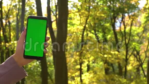 在秋天的森林公园里年轻女孩拿着带有绿色屏幕色度跟踪哑光的移动智能手机视频的预览图