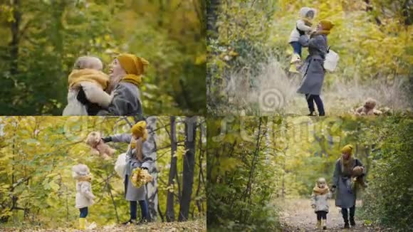 一个年轻的母亲和一个女儿在秋天的森林里视频的预览图