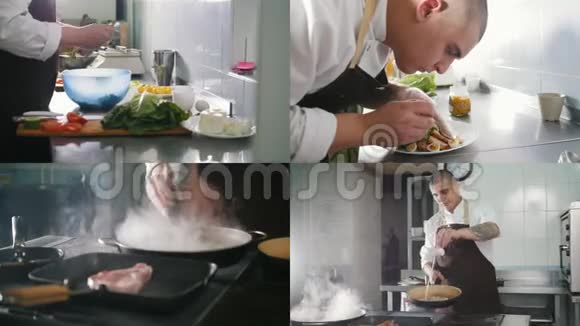 厨师在厨房准备菜肴蔬菜肉视频的预览图