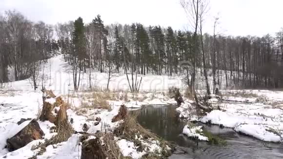 冬天的河流环绕着森林雪蓝天视频的预览图