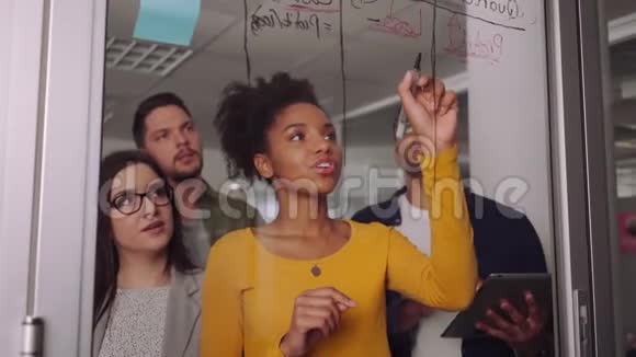 一位年轻的非洲女商人写在玻璃板上的肖像向她的同事解释了商业概念视频的预览图