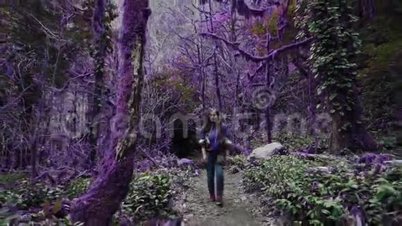 紫罗兰童话森林穿着休闲装的漂亮女孩走进深黄杨树林走上了通往视频的预览图