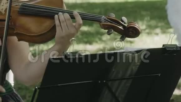 女孩小提琴手在户外拉小提琴视频的预览图
