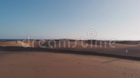 静态鸟瞰一个迷人的女孩走在沙滩上在夕阳的光线下马斯帕洛马斯利娅视频的预览图