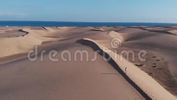 电影拍摄苗条的女孩站在沙丘上在沙漠中鸟瞰马斯帕洛马斯大加那利亚视频的预览图