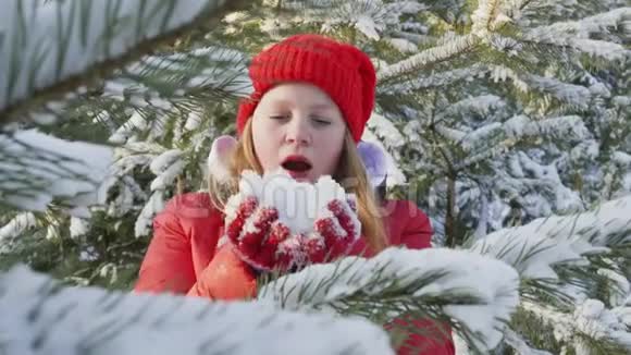 快乐的年轻女子在冬天的森林里用手吹着毛茸茸的雪微笑的少女在冬天撒雪视频的预览图