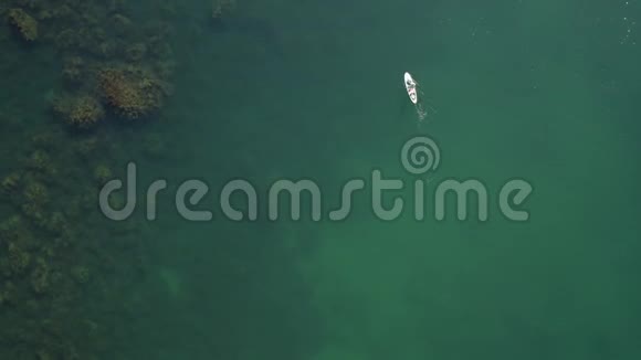 从空中俯视冲浪者在冲浪板上的藻类覆盖的岩石之间游泳视频的预览图