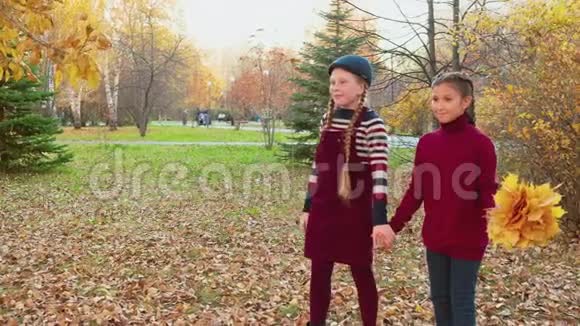 可爱快乐的女孩手牵着手站在公园里视频的预览图