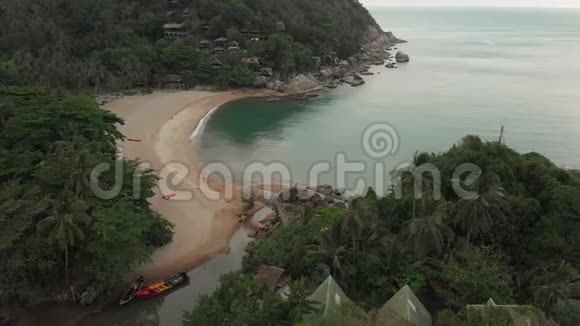 鸟瞰风景海滩前往泰国的野生丛林海波漏白沙棕榈树从下面经过视频的预览图
