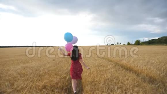 快乐的女孩穿着红色的的快乐女孩手里拿着气球穿过金色的麦田年轻女子棕色视频的预览图