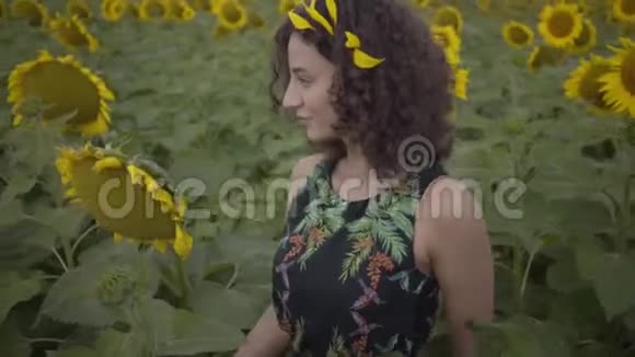 可爱的卷发女人走在向日葵的田野上明亮的黄色自由概念户外快乐的女人慢动作视频的预览图