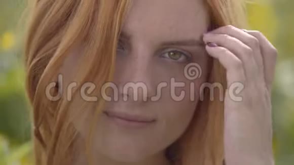 一个充满自信的性感女孩红头发绿眼睛站在向日葵田野上看着镜头视频的预览图