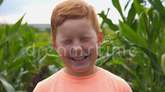 快乐的小红发孩子看着镜头笑着用手遮住她的脸有趣的姜男的肖像视频的预览图