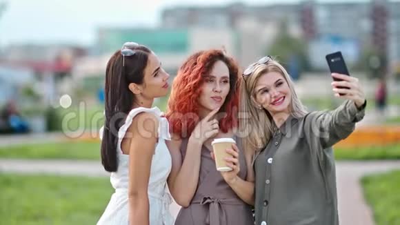 快乐时尚女朋友笑着一起在夏日公园的智能手机上自拍视频的预览图