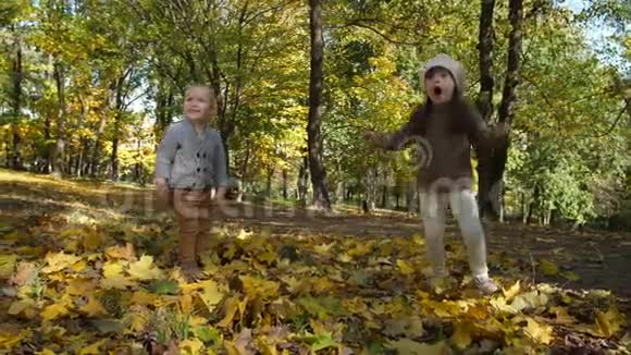 可爱有趣的孩子们在秋天公园跳舞视频的预览图