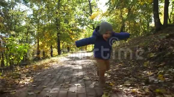 公园里欢快蹒跚学步的男孩的肖像视频的预览图