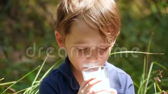 一个小男孩的肖像快乐的孩子从杯子里喝牛奶或奶制品适当和自然的营养视频的预览图