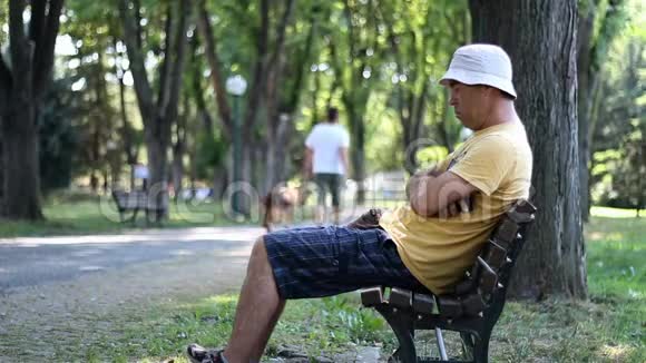 戴帽子戴太阳镜的人正睡在长凳上的公园里一个夏天人们在公园里坐在树下的长椅上休息和睡觉视频的预览图