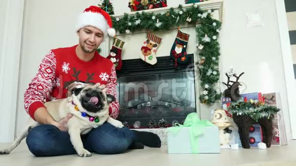 男人拥抱和抚摸滑稽的小狗穿着圣诞服装礼物和背景装饰视频的预览图