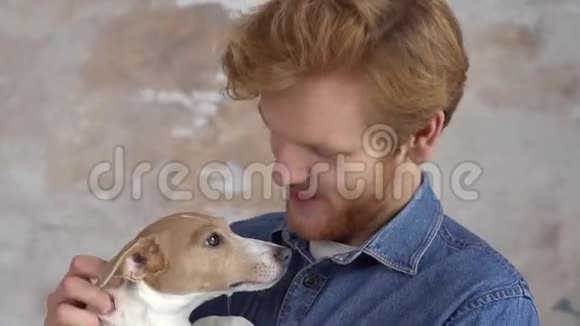 红发男子被隔离在白色触摸亲吻小狗视频的预览图