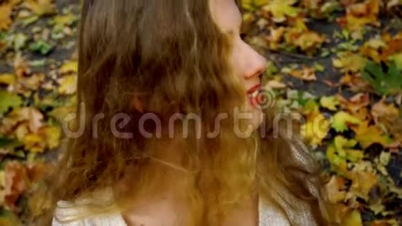 公园秋叶少女的脸和领口视频的预览图