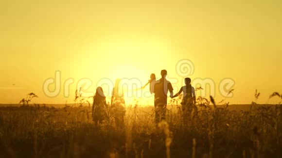 幸福家庭的观念幸福的大家庭在夕阳下穿过田野父母和三个孩子走进来视频的预览图