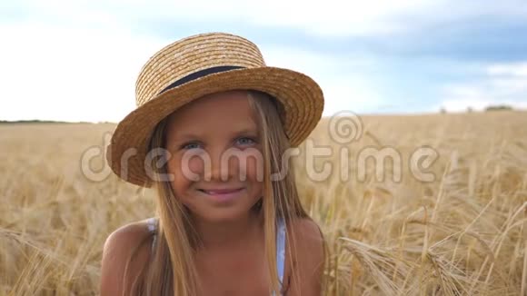 麦草场上金发的快乐笑孩子的肖像戴着草帽的美丽微笑女孩视频的预览图