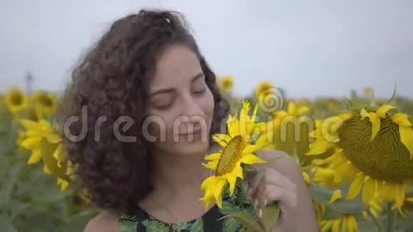 可爱的卷发女孩在向日葵田里开玩笑地咬着大向日葵的肖像与自然的联系农村生活视频的预览图