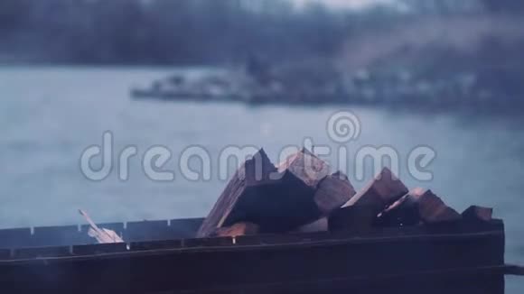 原木在烤架里燃烧河岸在自然上在水上在背景上视频的预览图